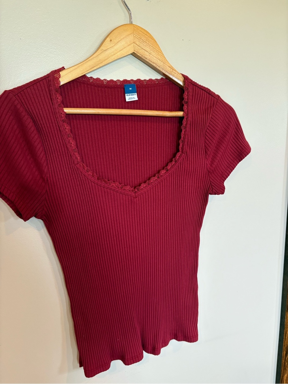 Old Navy Short Sleeve Ribbed Lace-Trim Top - Wine